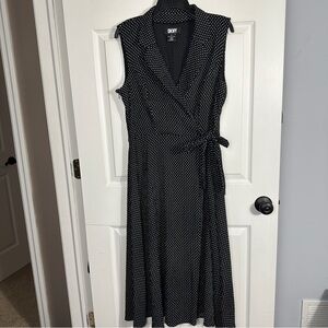 DKNY sz 14 black and white polka dot sleeveless dress, wrap top, summery